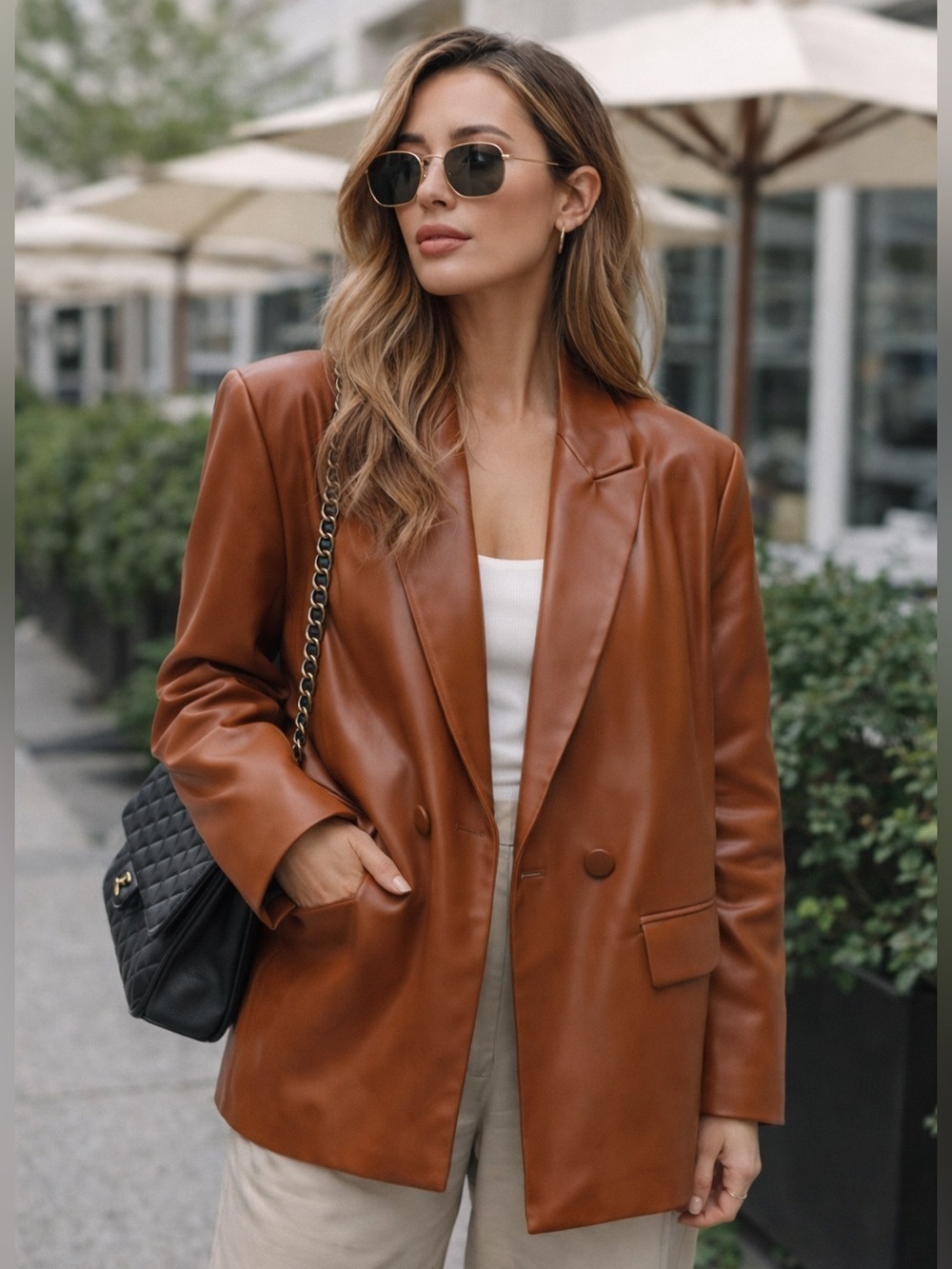 Zara Oversized Faux Leather Blazer in Cognac Brown Size S